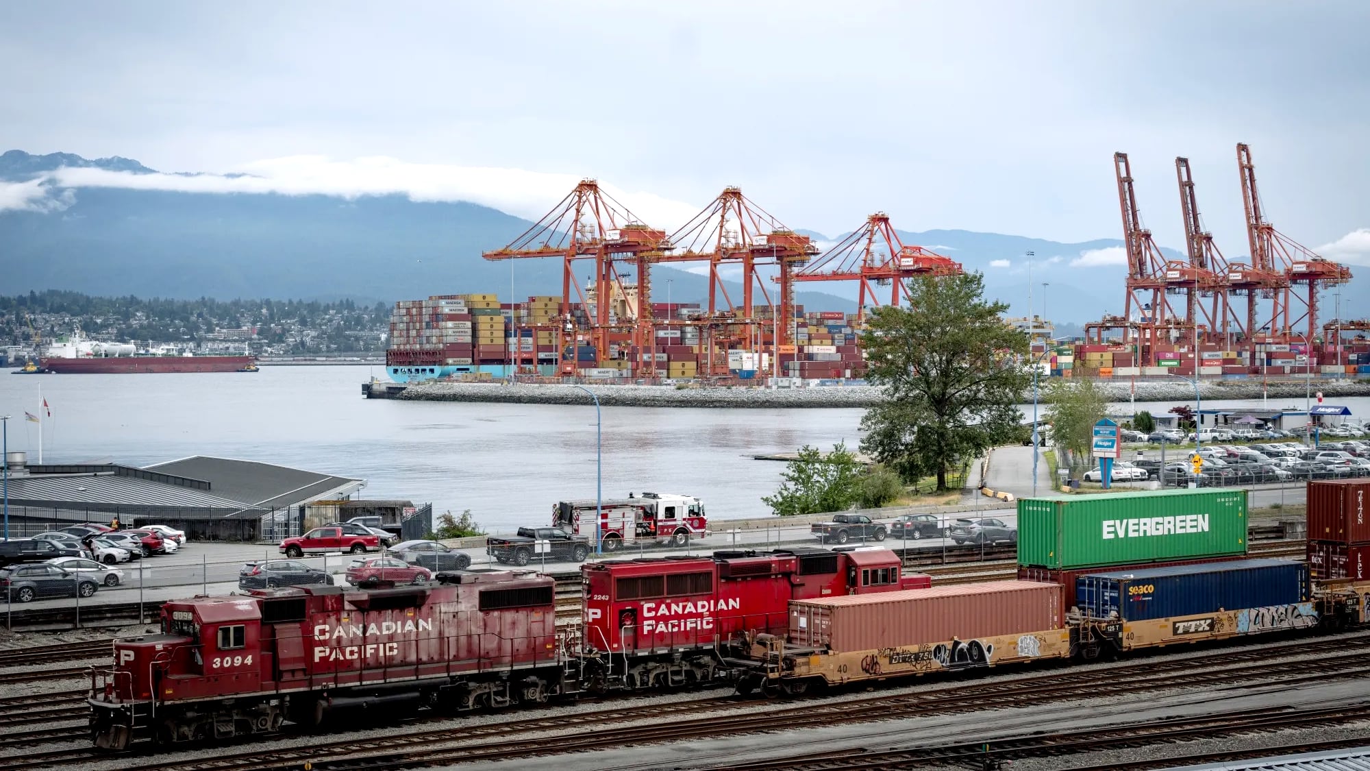 Trains at in front of terminals at Port of Vancouver in Vancouver, British Columbia.
